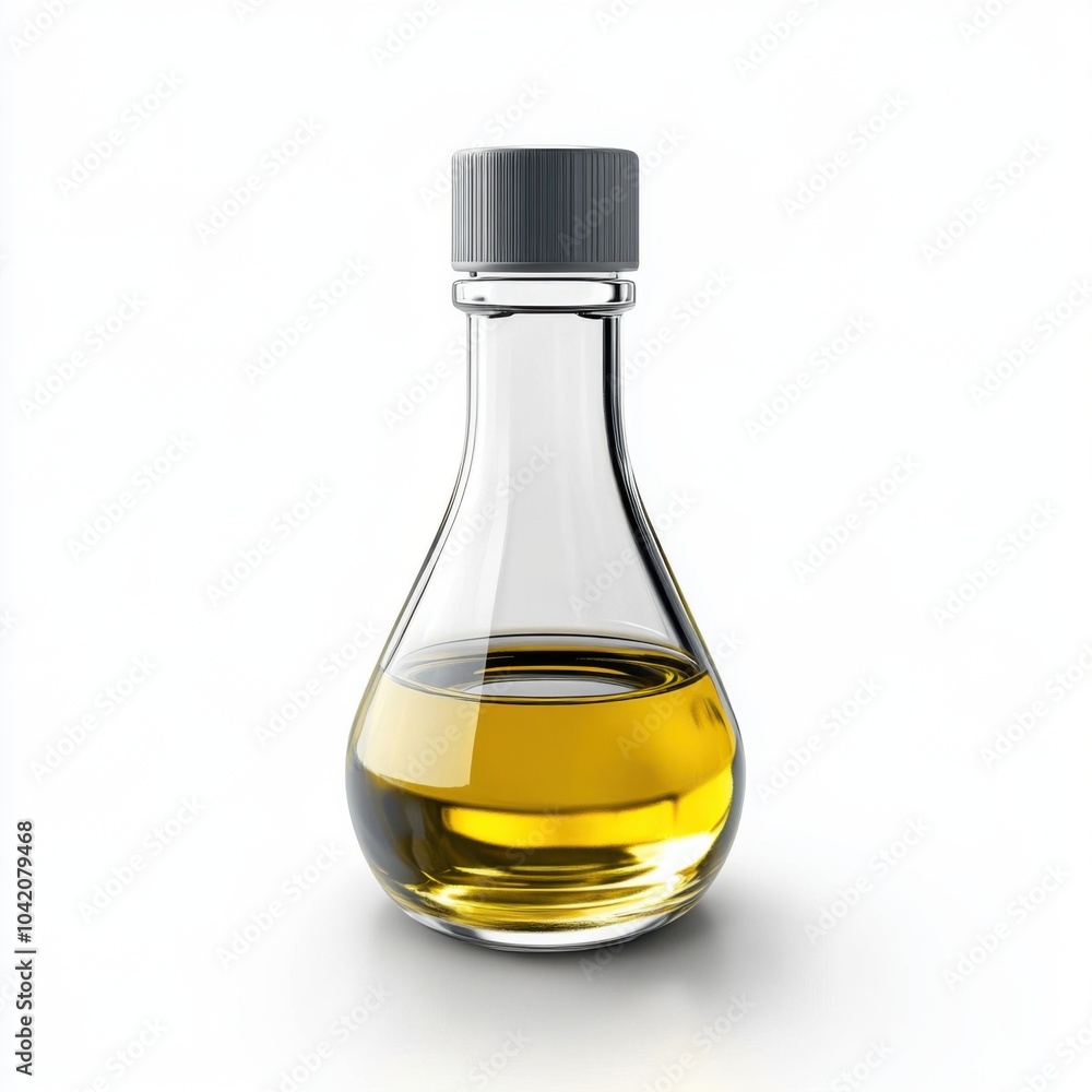 Clear Vegetable Oil in Glass Container on White Background Clear Vegetable Oil in Glass Container on White Background