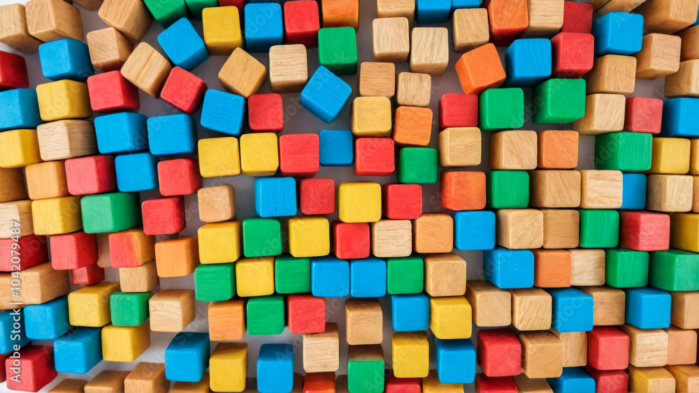 Multicolored wooden cubes are randomly placed on gray surface. Many blocks of various color. High angle view of colorful toy blocks on table. Multicolored wooden cubes are randomly placed on gray surface. Many blocks of various color. High angle view of colorful toy blocks on table.