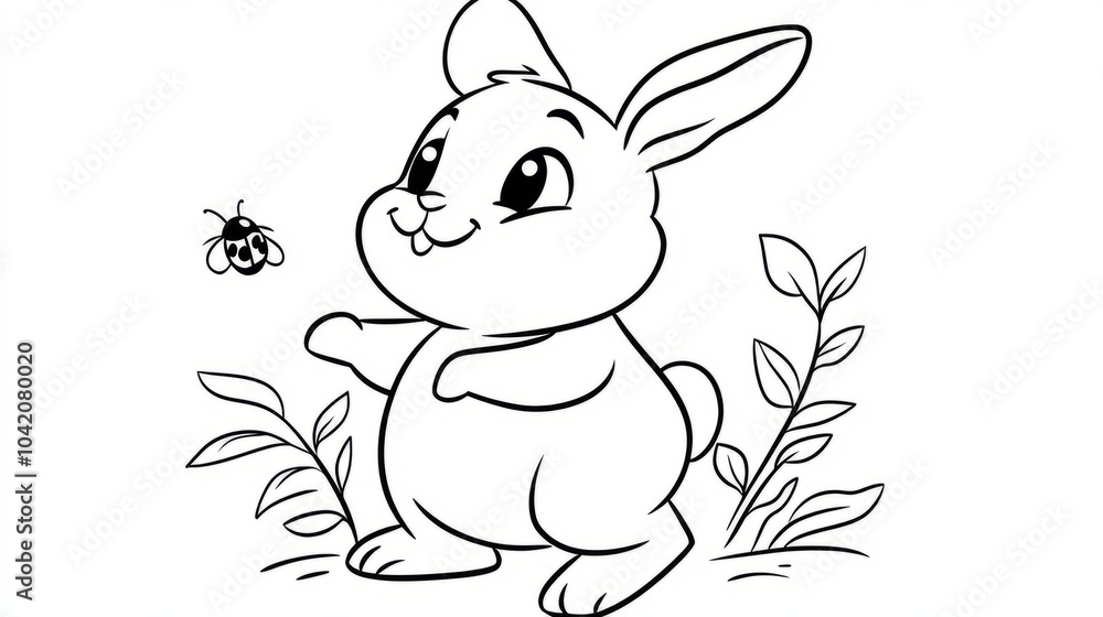 A cute bunny rabbit stands in a grassy field with a bee buzzing nearby, perfect for coloring pages or children's books. A cute bunny rabbit stands in a grassy field with a bee buzzing nearby, perfect for coloring pages or children's books.