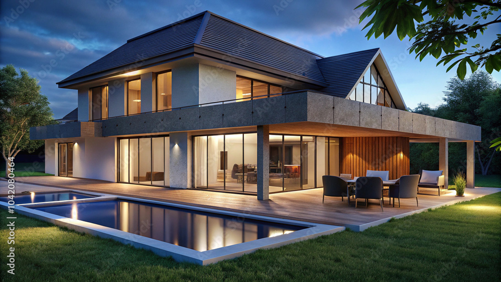 Modern suburban house, white exterior, dark roof, large windows, warm interior lighting, swimming pool, wooden deck, manicured lawn, trees, blue sky, architectural render, photorealistic, high-resolut Modern suburban house, white exterior, dark roof, large windows, warm interior lighting, swimming pool, wooden deck, manicured lawn, trees, blue sky, architectural render, photorealistic, high-resolut