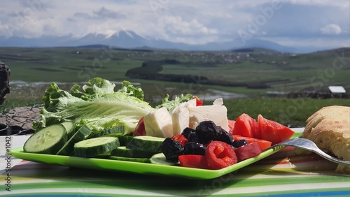 Breakfast in nature, magnificent mountain views. Elbrus.