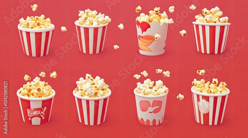 Popcorn tub icons with kernels popping out, ideal for cinema-related designs or snack illustrations.