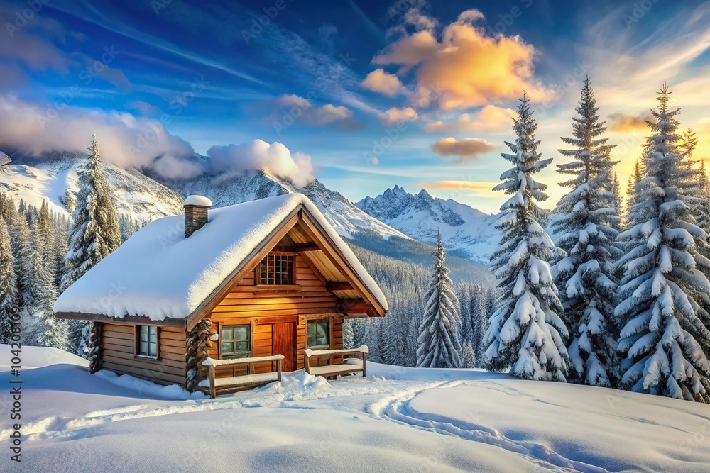Cozy winter cabin nestled in snowy landscape panorama Cozy winter cabin nestled in snowy landscape panorama