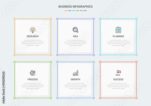 6 clean infographic design shaped elements template, symbolizing the six stages of business strategy and progression. Progress bar or timeline. Vector for presentation, web site or app.