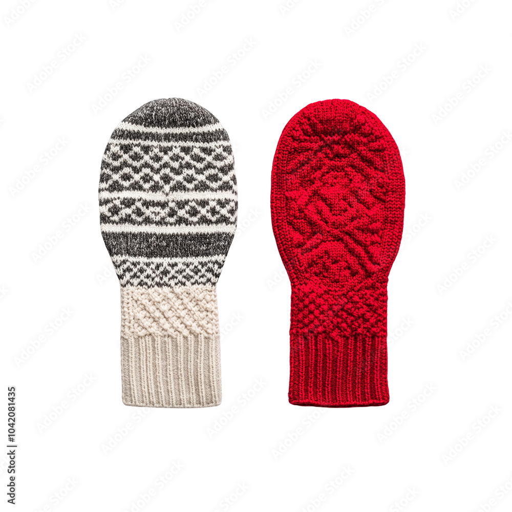 Pair of Knitted Mittens, One Grey and White, One Red Pair of Knitted Mittens, One Grey and White, One Red