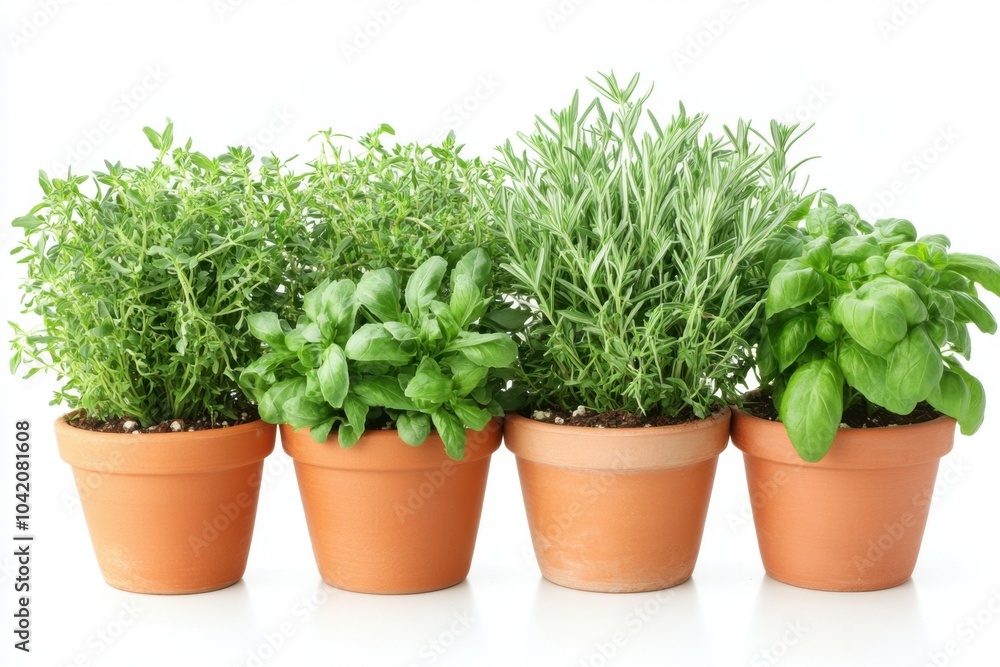 Fototapeta premium Fresh potted kitchen herbs isolated on white background