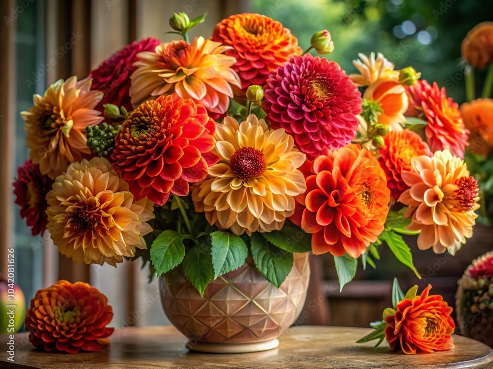 Vibrant Bouquet of Blooming Dahlias in a Colorful Vase for Stunning Floral Decor Vibrant Bouquet of Blooming Dahlias in a Colorful Vase for Stunning Floral Decor