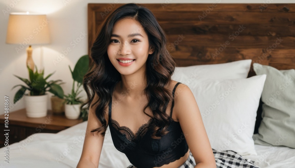 Cheerful Young Woman Smiling in Cozy Bedroom Setting Cheerful Young Woman Smiling in Cozy Bedroom Setting