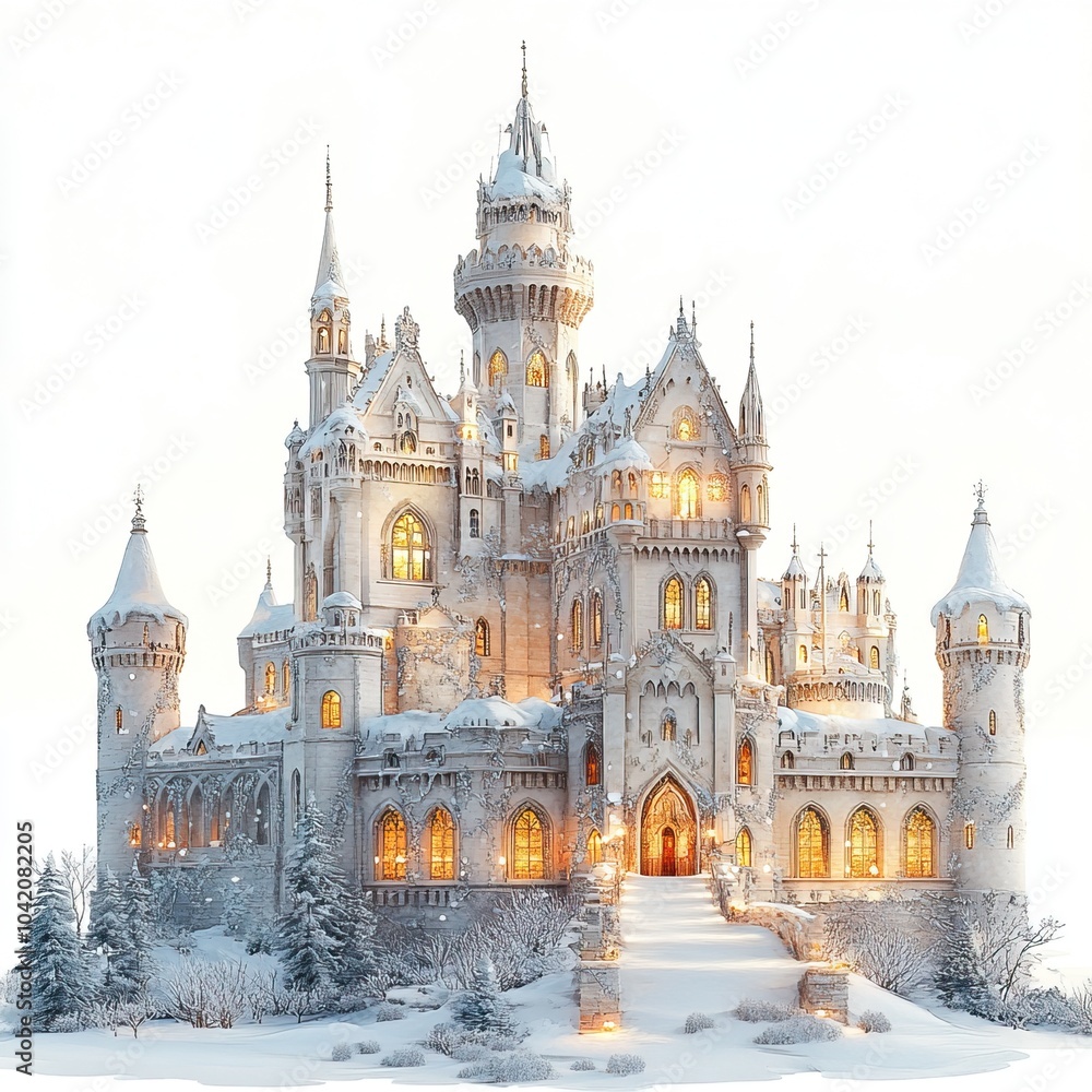 custom made wallpaper toronto digitalA majestic snow-covered castle with intricate towers, illuminated warmly, creating a fairytale atmosphere in a winter landscape.