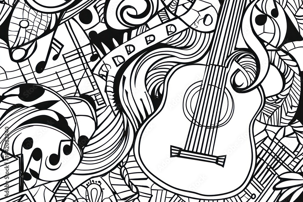 Fototapeta premium Music, coloring page for kids, line art, black and white.