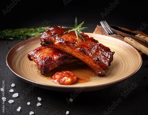 baked pork ribs on the plate