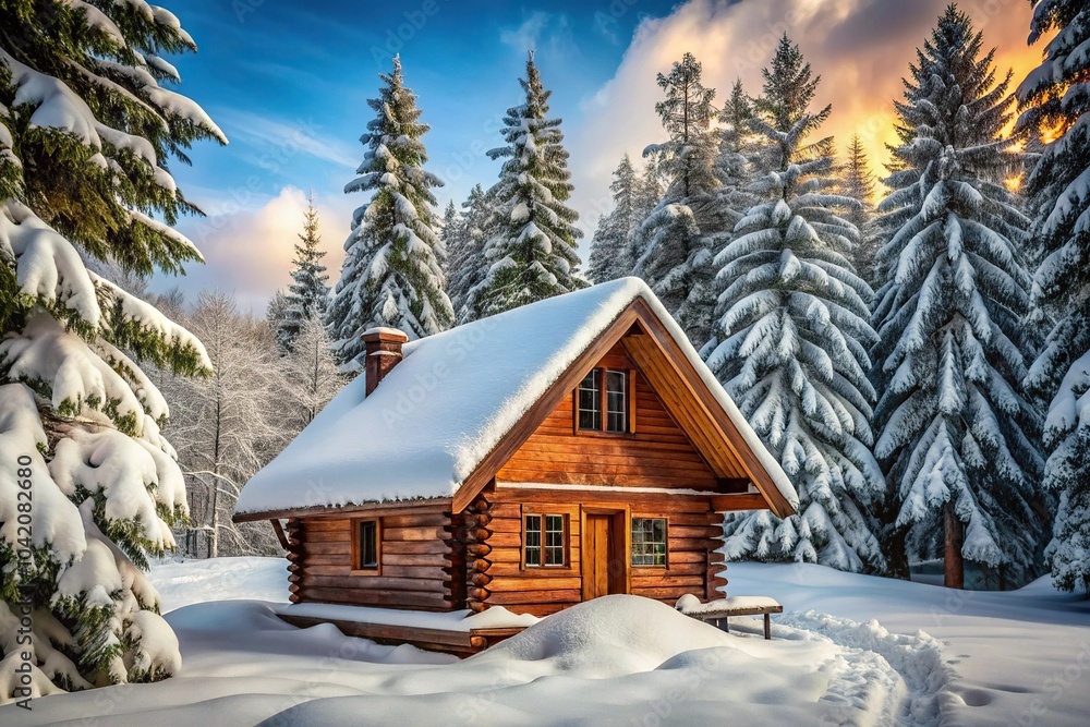 Cozy winter wooden house covered in snow in forest at a tilted angle Cozy winter wooden house covered in snow in forest at a tilted angle