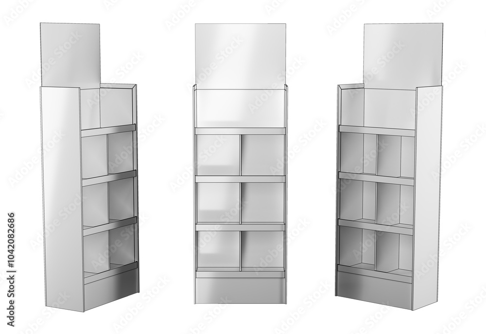 Retail temporary cardboard POS displays drawing. 3d illustration set isolated on white Retail temporary cardboard POS displays drawing. 3d illustration set isolated on white