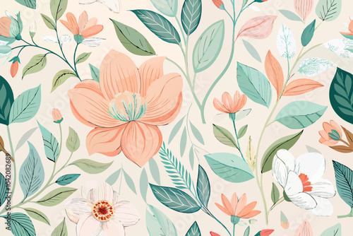 Wallpaper Mural Seamless Pattern of Hand-Drawn Flowers and Leaves Torontodigital.ca