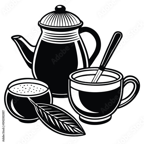 Vector illustration of a Matcha tea set. A glass teapot and a cup with a healthy drink, green tea leaves, and powder on a spoon. Flat style cartoon design.