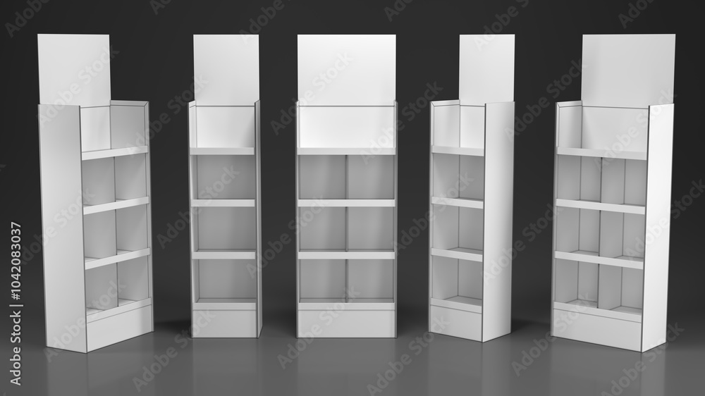 Set of retail temporary cardboard POS displays. 3d illustration on dark background Set of retail temporary cardboard POS displays. 3d illustration on dark background