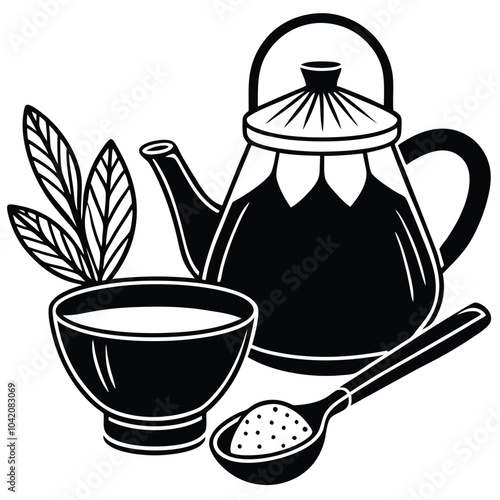 Vector illustration of a Matcha tea set. A glass teapot and a cup with a healthy drink, green tea leaves, and powder on a spoon. Flat style cartoon design.