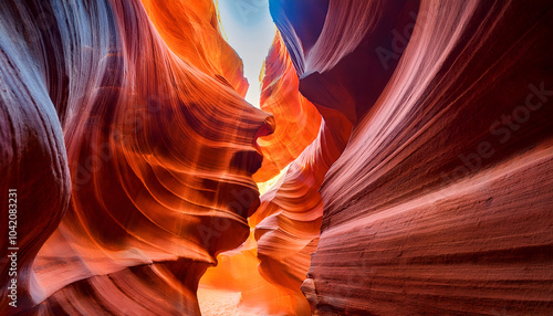 Sunlight illuminates the twisting sandstone walls of Antelope Canyon, highlighting their vibrant red and orange hues. This natural wonder creates an awe-inspiring and serene atmosphere