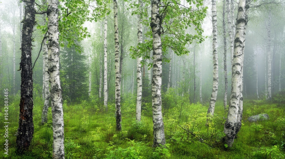 Fototapeta premium Bright green pines and birches in a misty Swedish forest