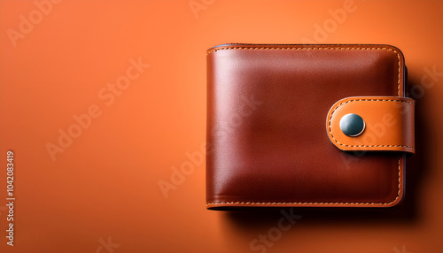 A sleek and modern brown leather wallet displayed against a vibrant orange backdrop, showcasing elegance and sophistication. Ideal for themes of style and personal accessories. photo