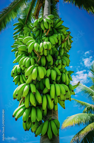 A bunch of green bananas hanging from a tree