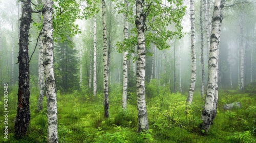 Fototapeta Naklejka Na Ścianę i Meble -  Bright green pines and birches in a misty Swedish forest