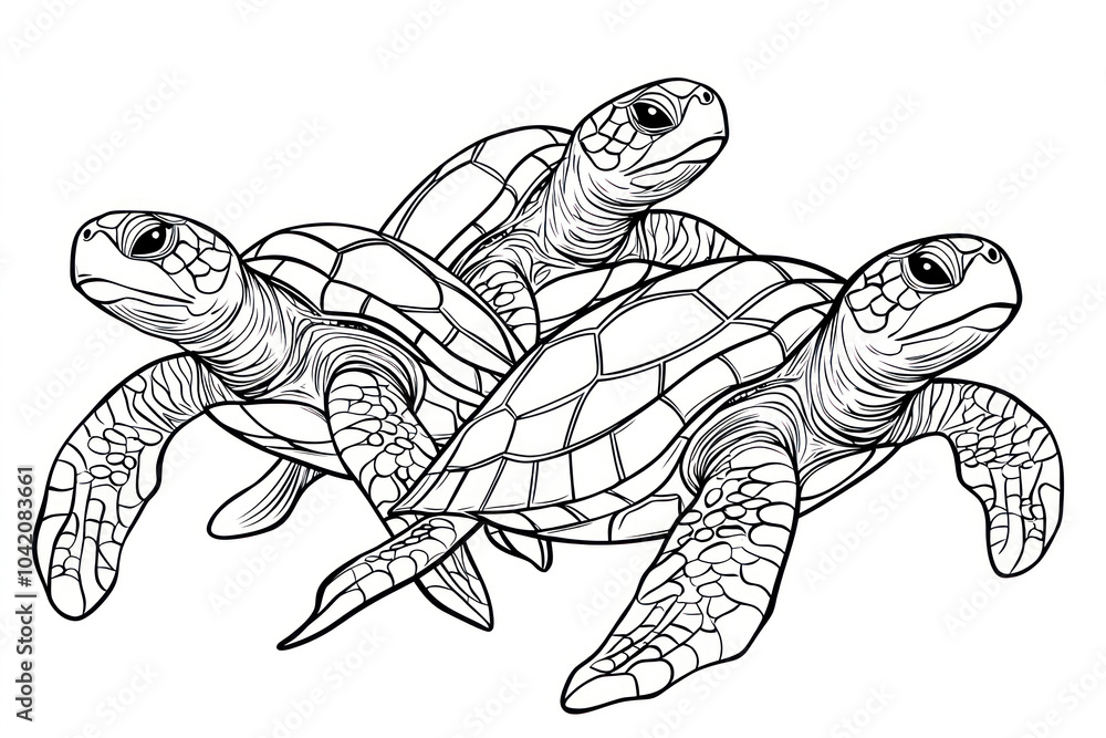 Fototapeta premium Sea turtles, coloring page for kids, line art.