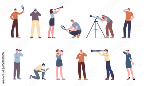 People and binoculars. Men women with telescope, magnifying glasses looking around. Adults business characters searching ideas, kicky vector set