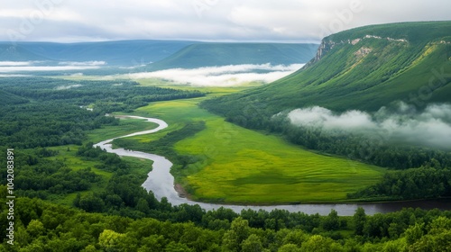 Bright green hills and flowing rivers in the Ural Mountains