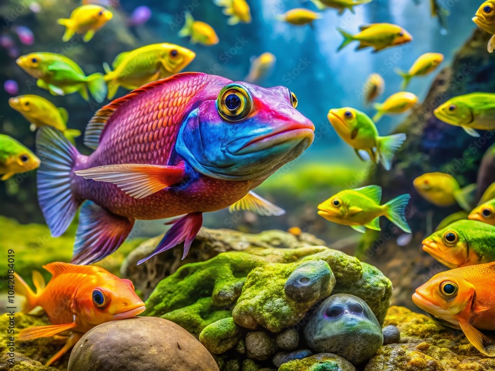 Fototapeta premium Vibrant Fish on Stone by Water with Aquatic Creatures in Background - Nature Photography