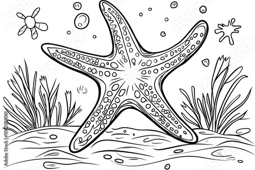 Starfish, coloring page for kids, line art, black and white. photo