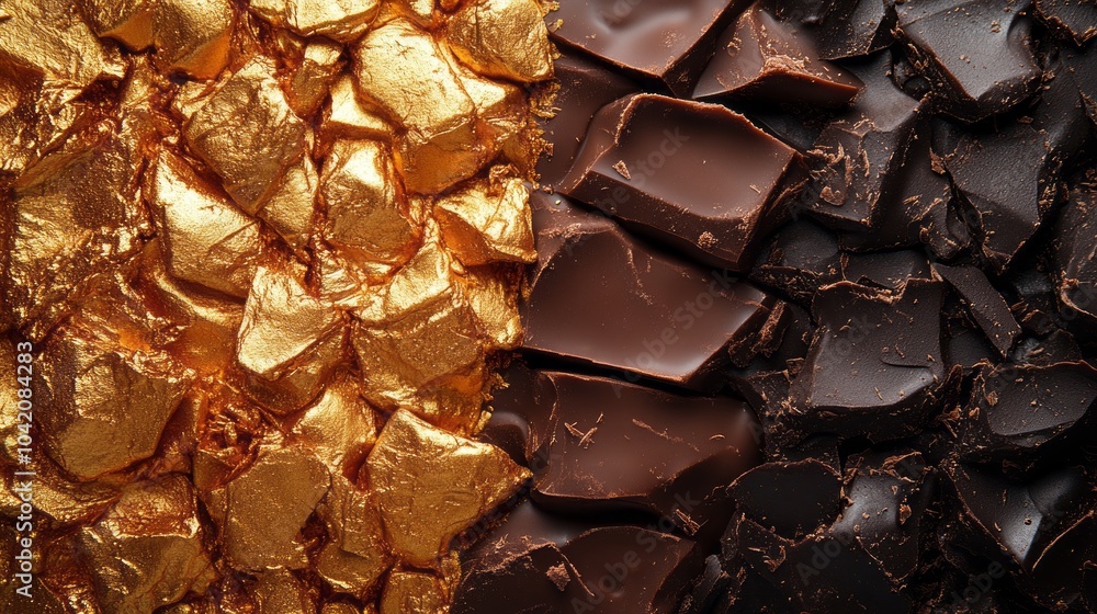 Two pieces of chocolate with gold flakes on top Two pieces of chocolate with gold flakes on top
