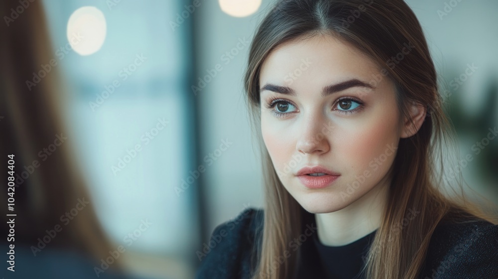 Close-up Portrait of a Young Woman with a Pensive Expression Close-up Portrait of a Young Woman with a Pensive Expression