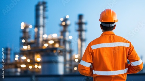 Night Shift Engineer at Hydrogen Power Plant - Illuminated Machinery in a Quiet Blue-Hued Atmosphere Showcasing Innovative Energy Solutions photo