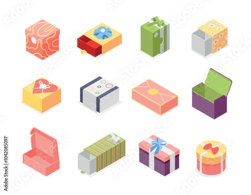 Isometric gift 3d boxes. Vibrant box for different presents. Isolated accessories packages for birthday christmas new year valentine day, flawless vector set