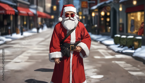 Santa Claus in a warm red robe and sunglasses looks at the camera on a blurry winter street