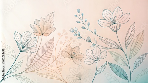 Elegant floral line art illustration in soft pastel colors for botanical designs and backgrounds