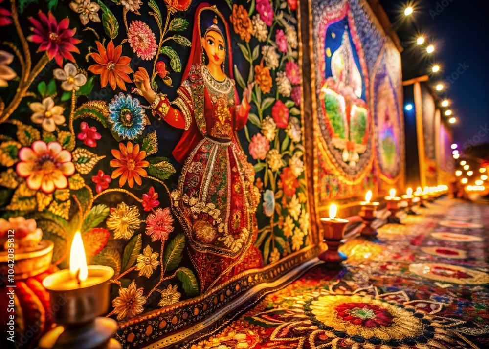 Fototapeta premium Vibrant Indian Art Night Photography with Intricate Floral Designs and Cultural Symbolism
