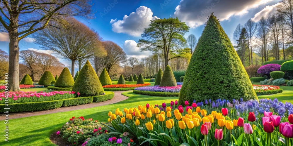 Obraz premium Conic shaped yew trees and colourful spring flowers at Keukenhof gardens