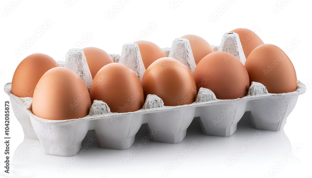 A dozen fresh brown eggs neatly arranged in a cardboard carton. Ideal for cooking, baking, and breakfast imagery on a clean white background. A dozen fresh brown eggs neatly arranged in a cardboard carton. Ideal for cooking, baking, and breakfast imagery on a clean white background.