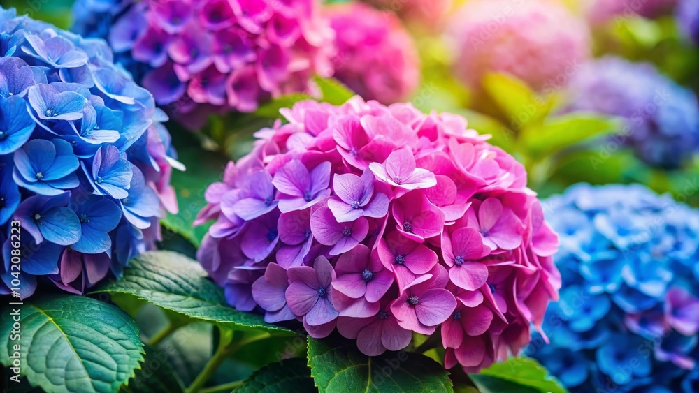 Vibrant Long Exposure of Hydrangea Flowers in Pink and Blue for Spring Floral Backgrounds Vibrant Long Exposure of Hydrangea Flowers in Pink and Blue for Spring Floral Backgrounds