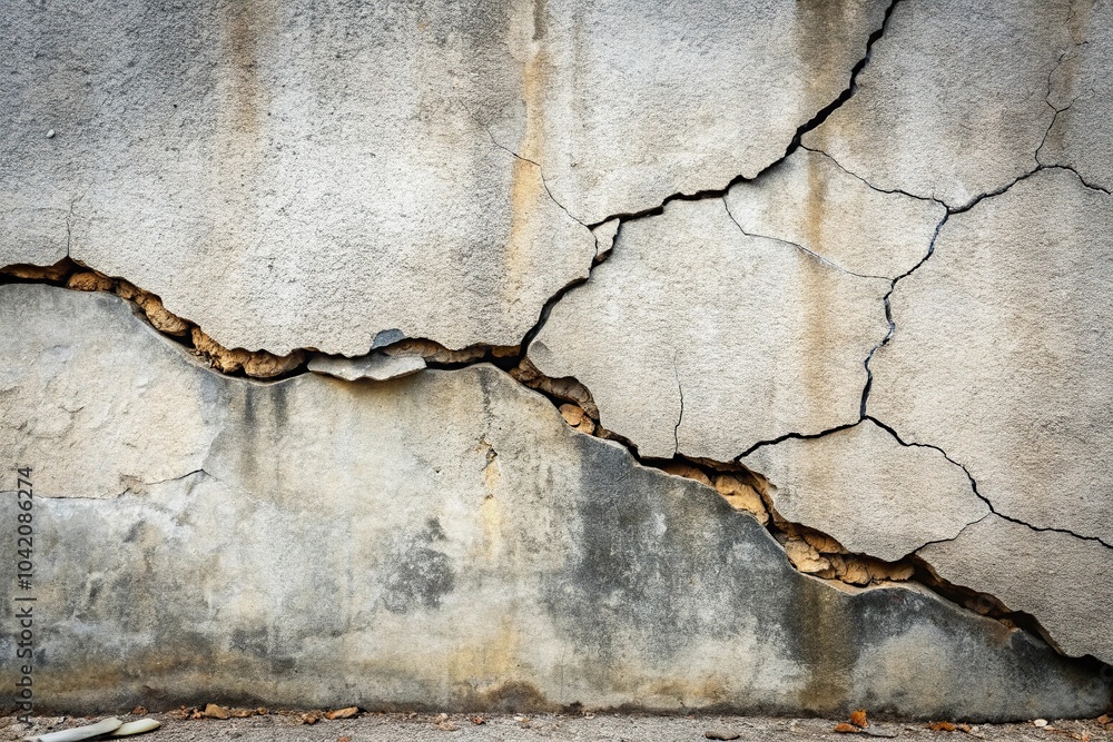 Obraz premium Cracked concrete wall from earthquake with collapsed ground