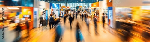 A blurry image of a crowded indoor space, showcasing a lively atmosphere filled with people and colorful displays.