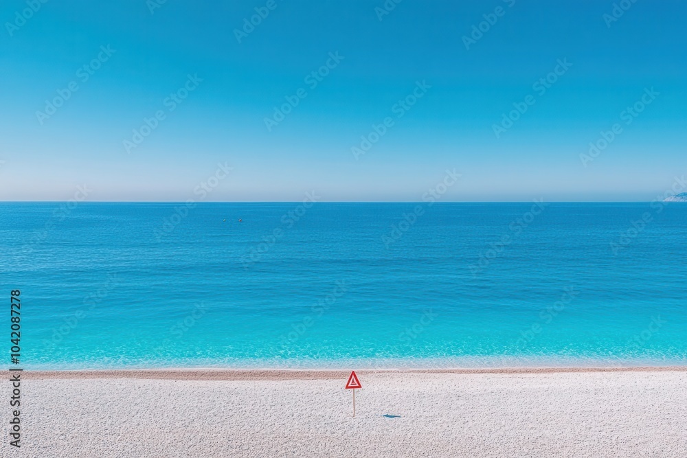 Serene beach landscape with warning sign on sunny day