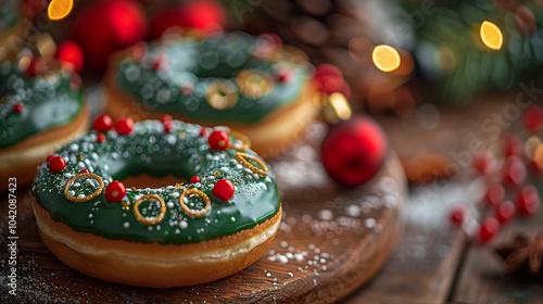 A close-up of Christmas wreath-shaped donuts, glazed with green icing and decorated with tiny red sugar berries and edible golden ribbons, placed on a rustic wooden table.