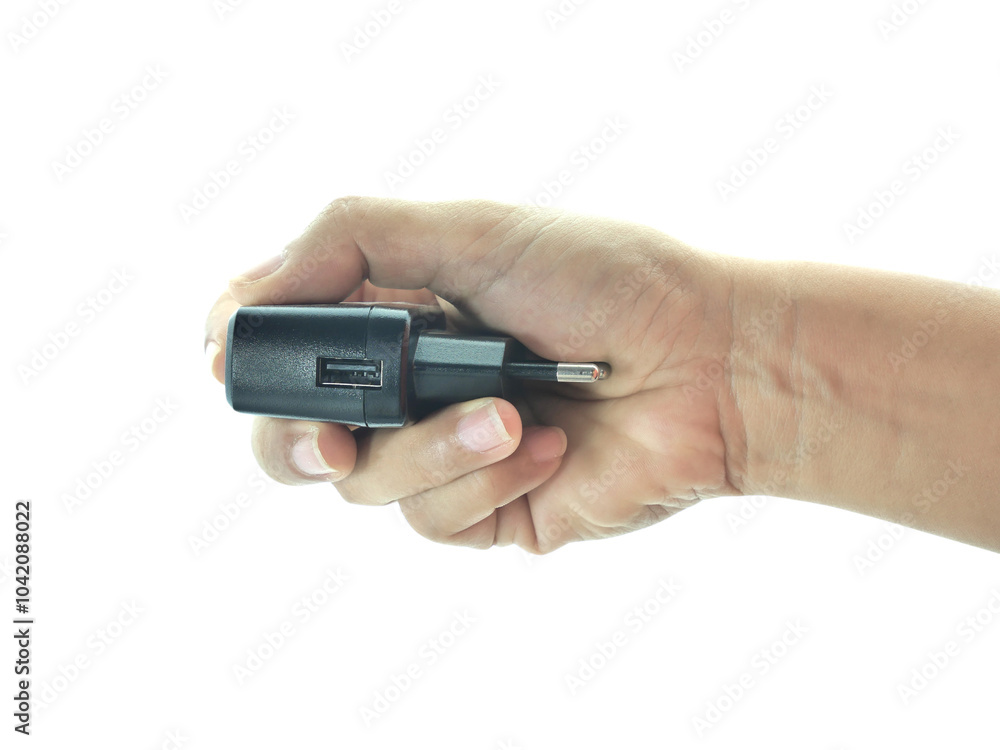 Female hand holding USB electronic devices isolated on transparent background. Female hand holding USB electronic devices isolated on transparent background.
