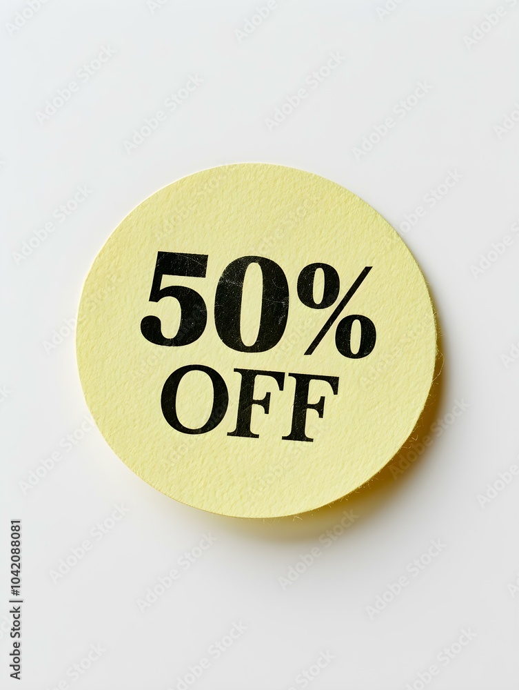 Black '50% OFF' Text on a Light Yellow Round Paper Note. White Background Black '50% OFF' Text on a Light Yellow Round Paper Note. White Background