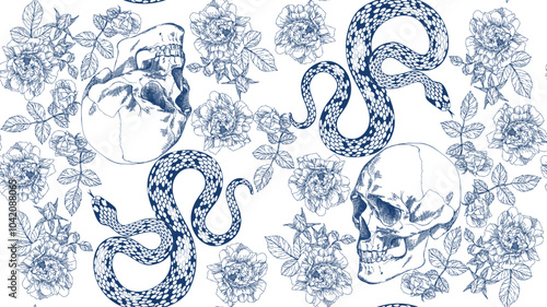 Seamless pattern with skulls, snakes and rose flowers, blue on a white background	