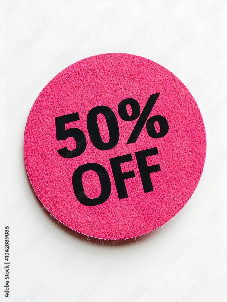 Black '50% OFF' Text on a Magenta Round Paper Note. White Background Black '50% OFF' Text on a Magenta Round Paper Note. White Background