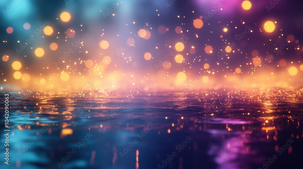 Naklejka premium A vibrant scene of shimmering water with glowing bokeh lights, creating a magical and serene atmosphere.